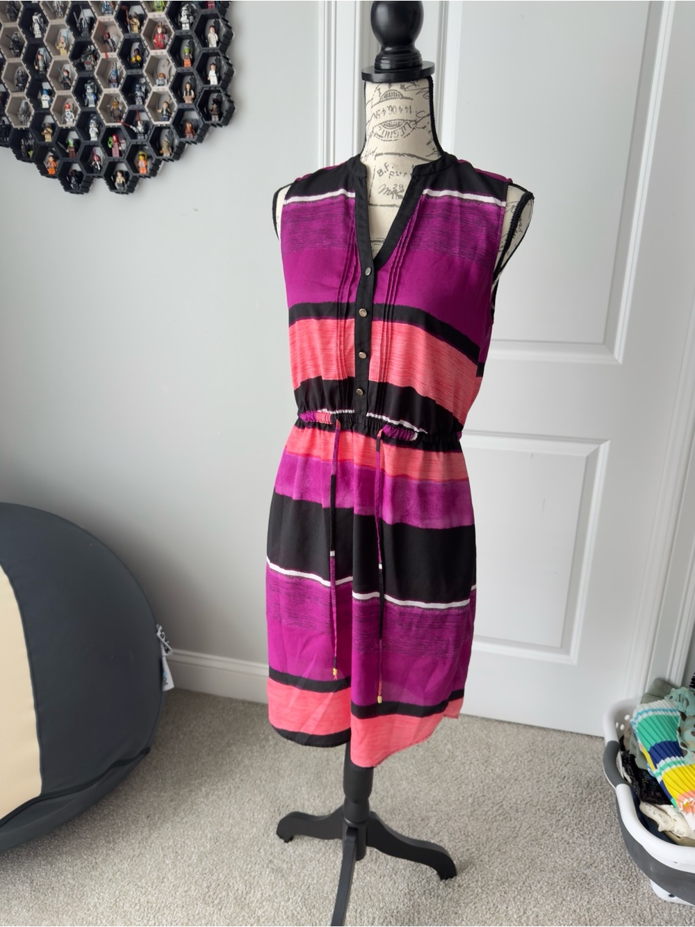 Striped Sleeveless Drawstring Waist Dress in Fuchsia and Black